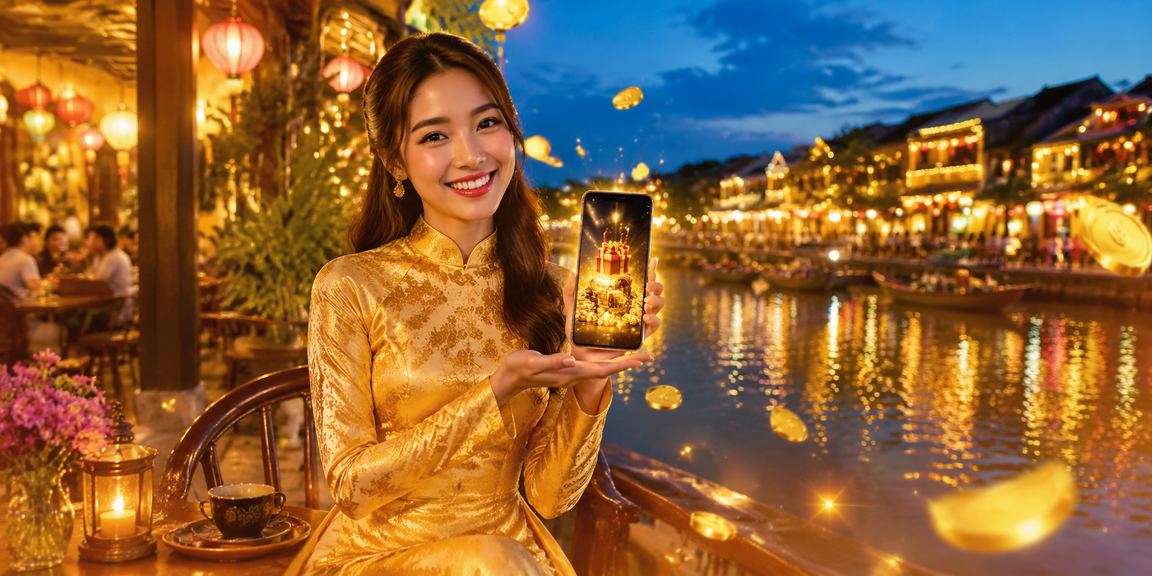 Phụ nữ áo dài Hội An đăng ký tài khoản VIP và nhận thưởng chào mừng trên điện thoại